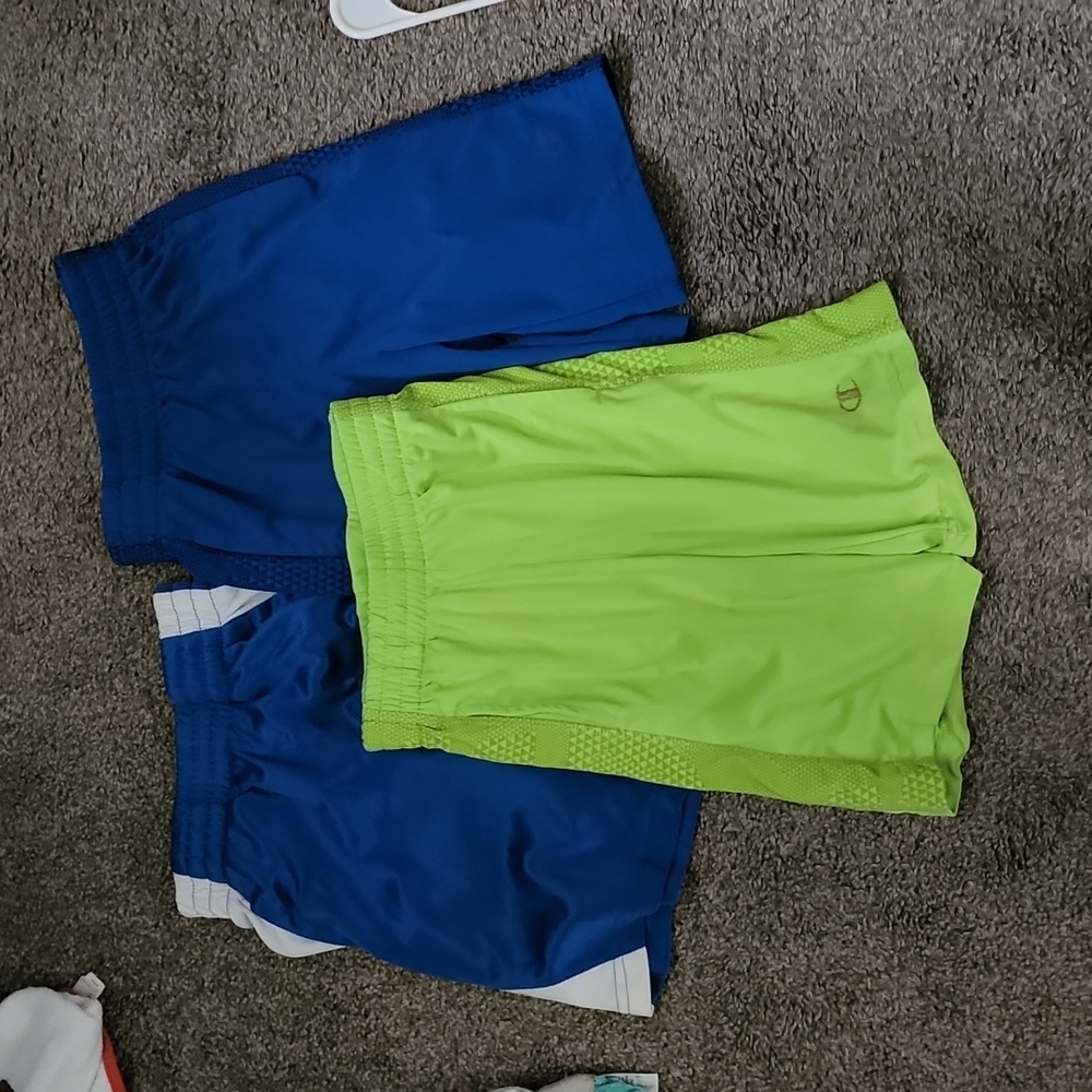 Boys Champion Athletic shorts one green and 2 blue pairs.